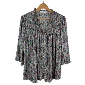 Rose + Olive Floral Button Down Tunic Top Size 3X‎ Colorful Smocked Peasant Boho